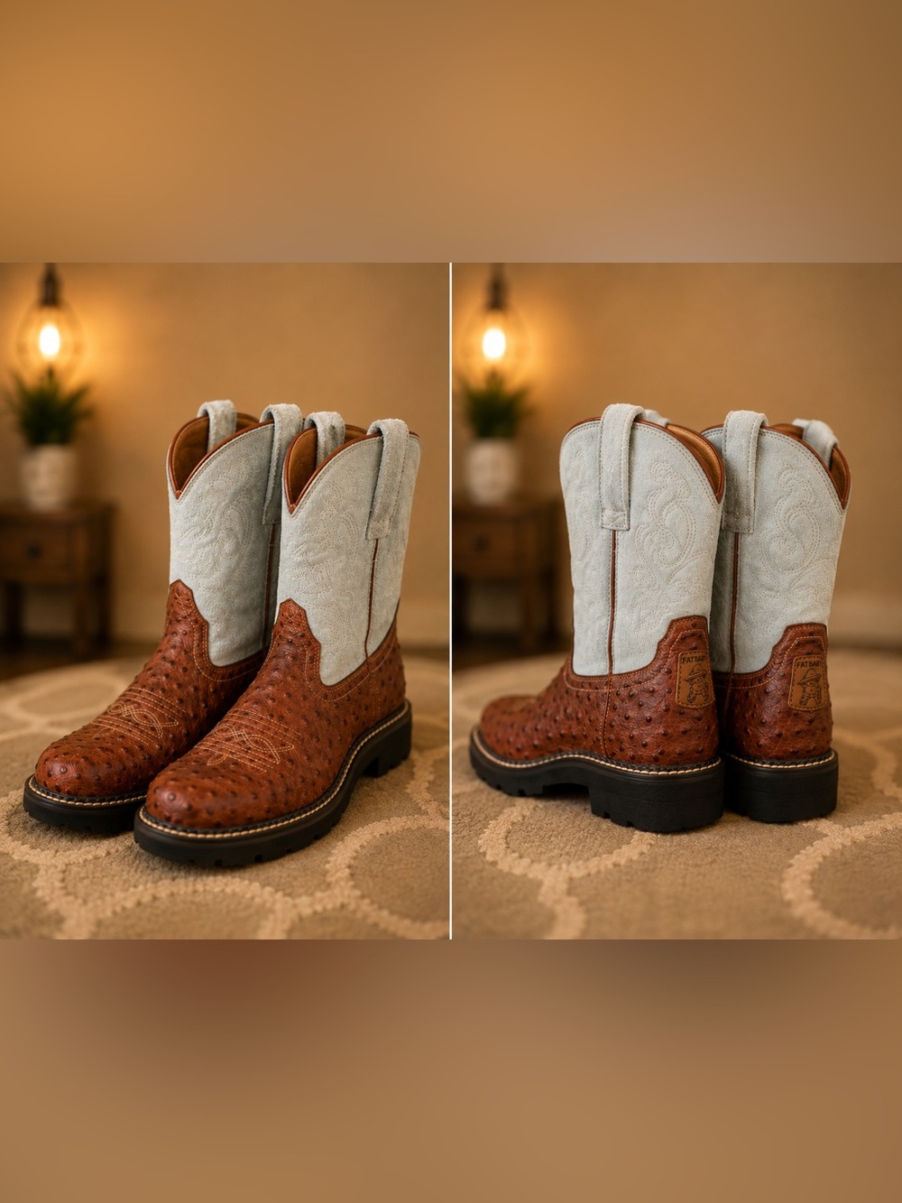 Fatbaby Western Cowboy Boots Ostrich Print Blue Suede Size 8B